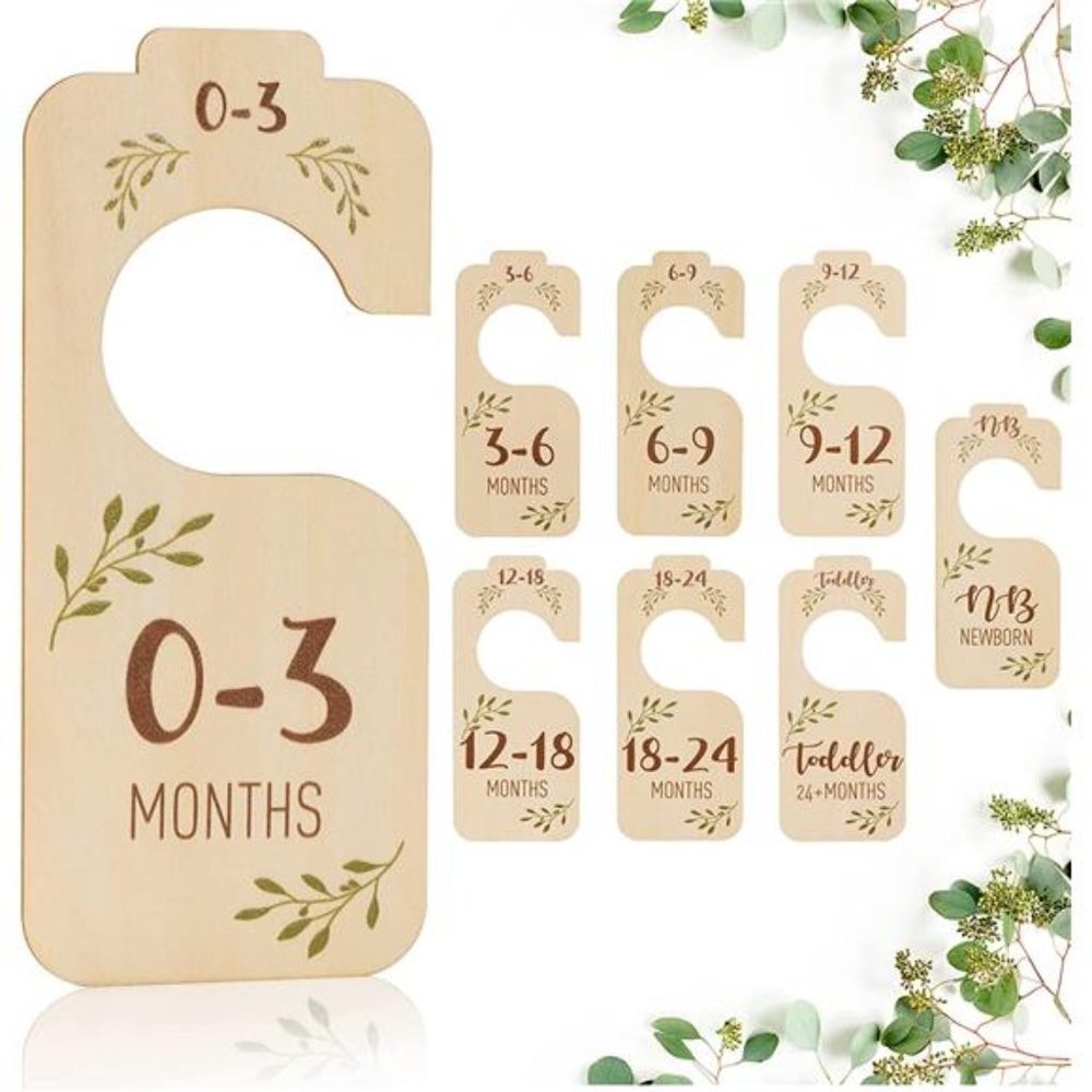 Set of 8 Beautiful Wooden Double-Sided Baby Clothes Size Hanger Organizer